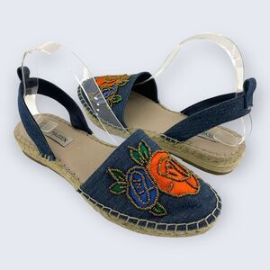 Steve Madden Mesa Beaded Flower Applique Denim Slip On Flat Espadrille 9